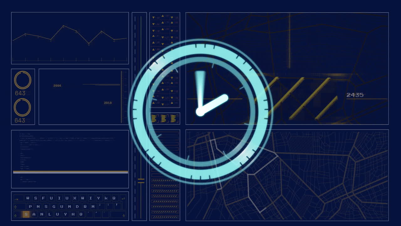 Digital clock animation over data charts and maps on blue background
