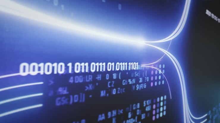 Tracking shot of virtual digital data lines on large LED wall screen