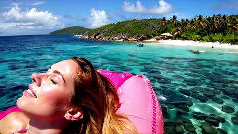 relaxing on a pink inflatable in a tropical paradise