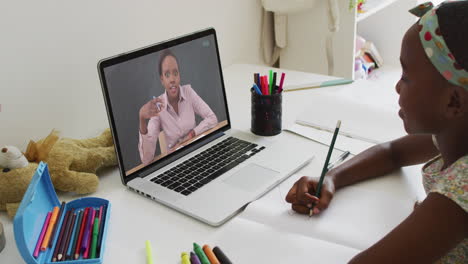 african american girl having a video call on laptop while doing homework at home