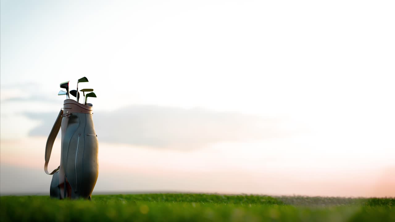 Golftas met clubs op een groene golfbaan bij zonsopgang