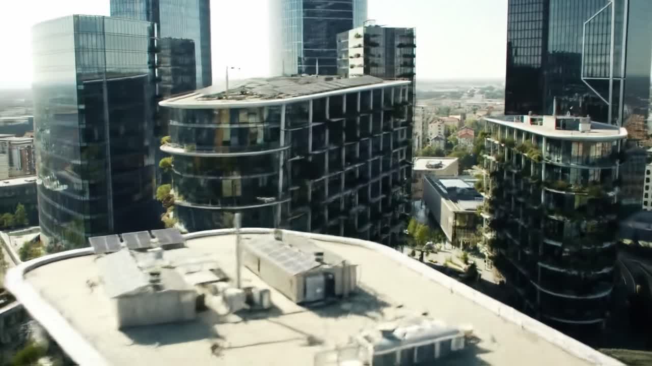 Discover a stunning rooftop perspective of a contemporary urban skyline showcasing impressive architecture and solar energy systems in the glow of sunset.