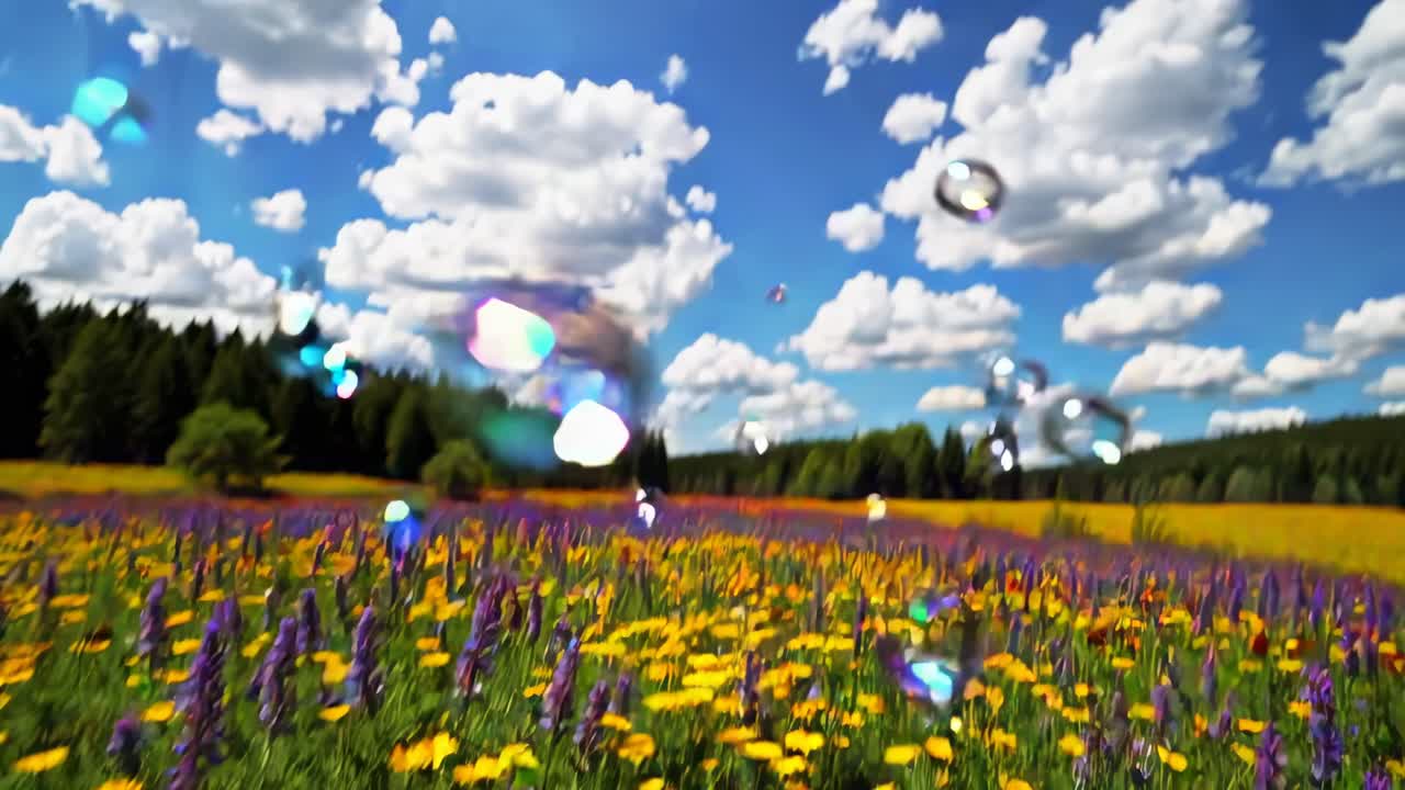 Vibrant video of a wildflower meadow with bubbles floating. Captured from a low angle