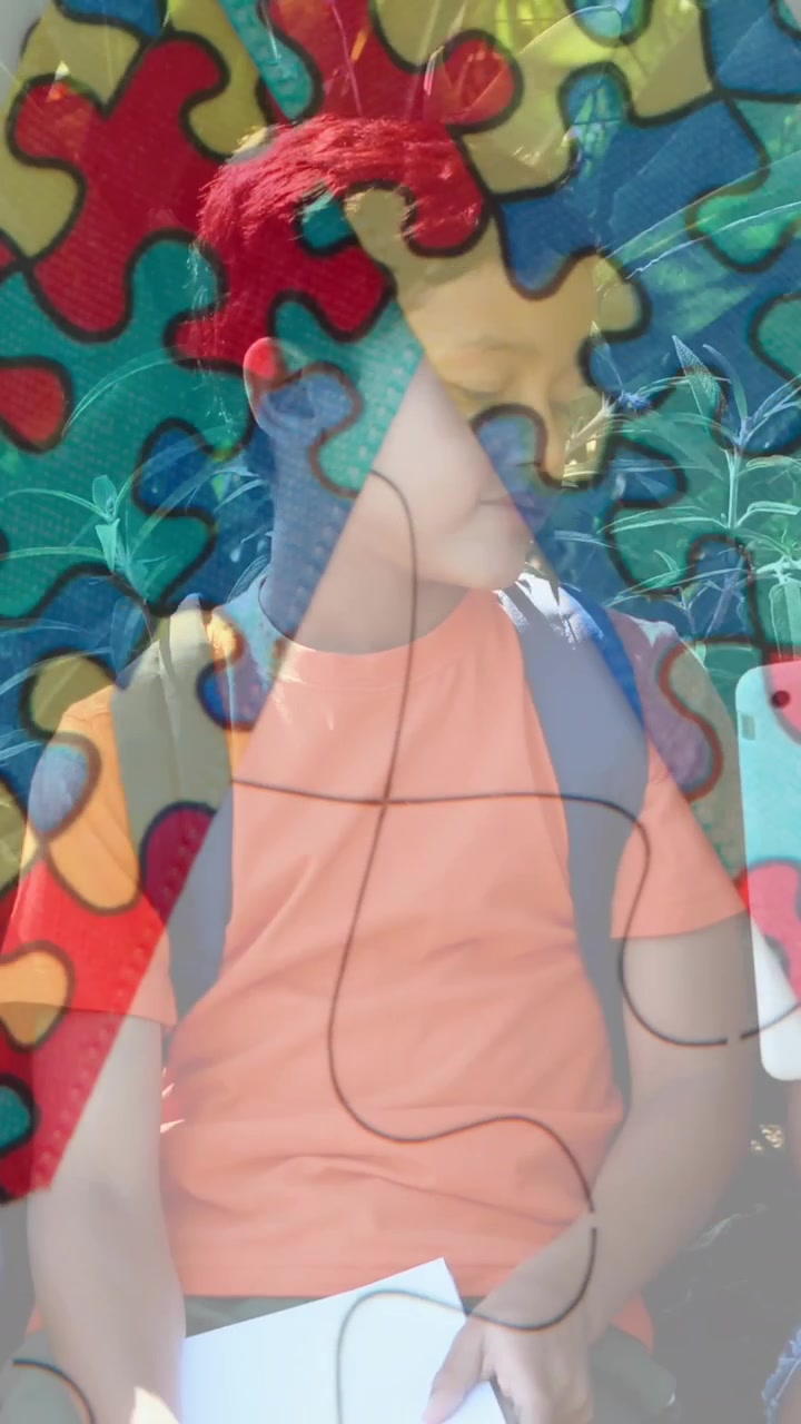 Animation of colourful puzzle pieces over kids friends using electronic devices