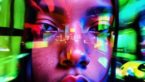 una mujer con una expresión seria muestra las luces de la ciudad reflejadas en su cara, creando un sorprendente retrato urbano.