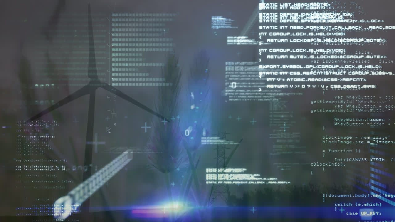 Animation of data processing over wind turbine and grass