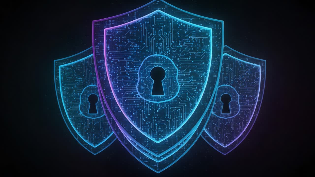 A Captivating Visualization of Digital Security Shields Representing Cyber Protection and Lock Mechanisms in a Futuristic Design