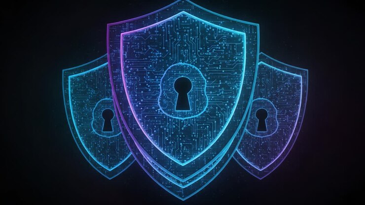 A Captivating Visualization of Digital Security Shields Representing Cyber Protection and Lock Mechanisms in a Futuristic Design