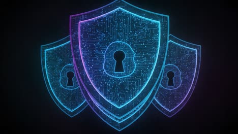 a captivating visualization of digital security shields representing cyber protection and lock mechanisms in a futuristic design