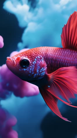 vibrant bettas in water. a betta fish with bright red fins swims gracefully through colorful underwater clouds in a serene environment.