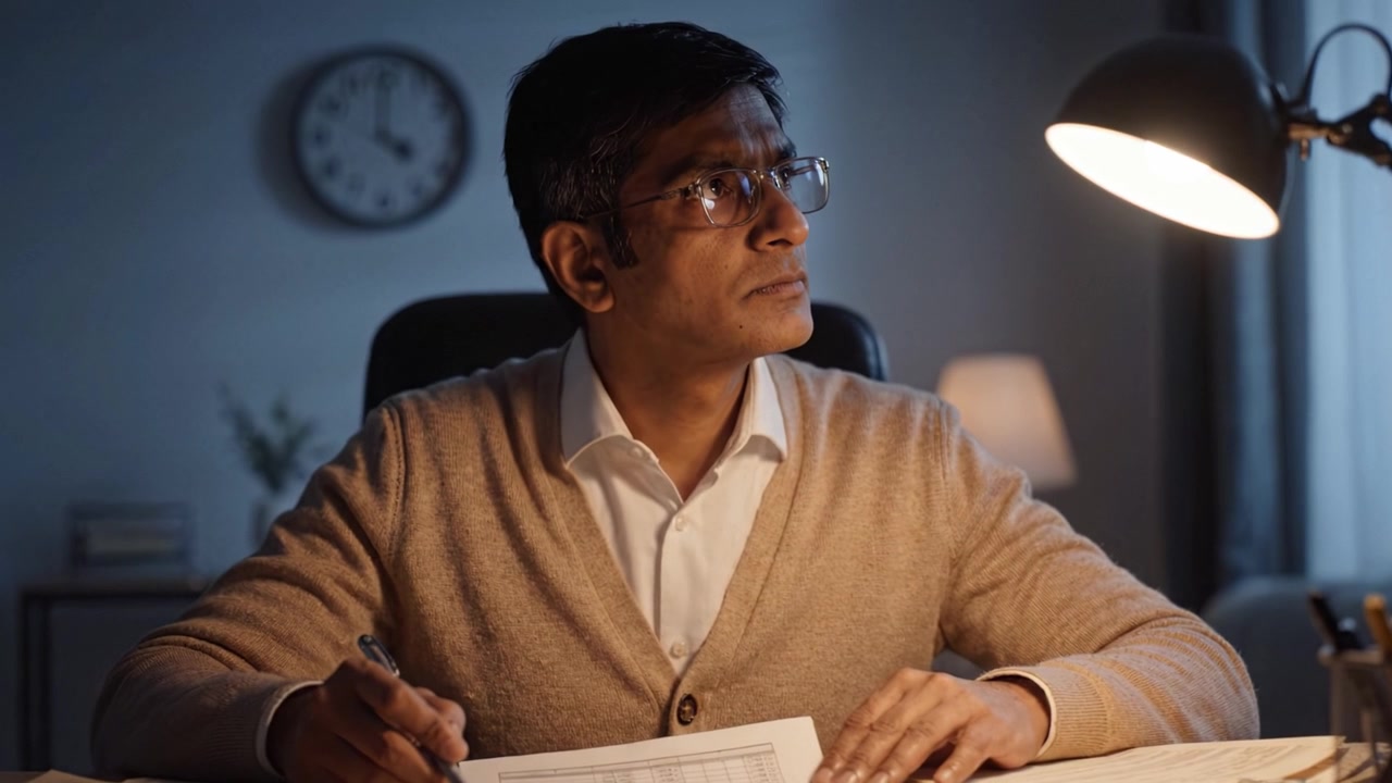 Focused Man Writing in Notebook Under Soft Lighting with Clock in Background, Representing Productivity and Concentration in a Calm Evening Atmosphere