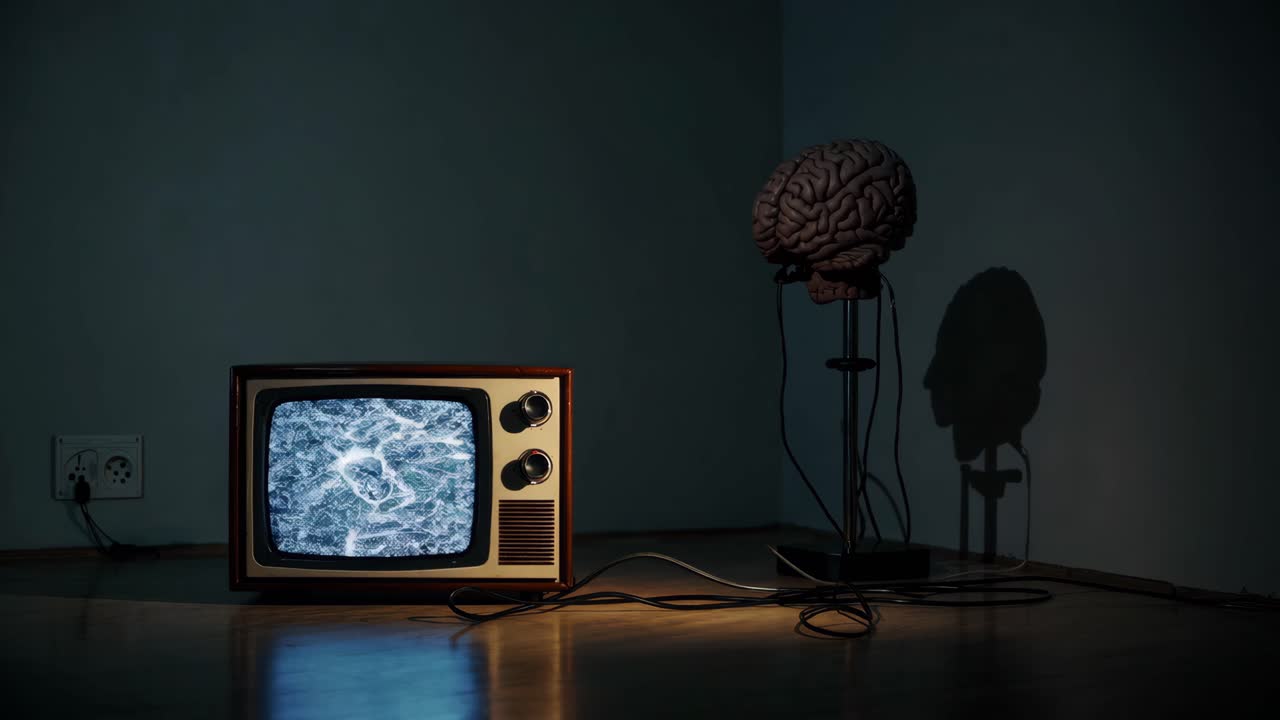 어두운 방에서 모델 뇌와 함께 빈티지 tv