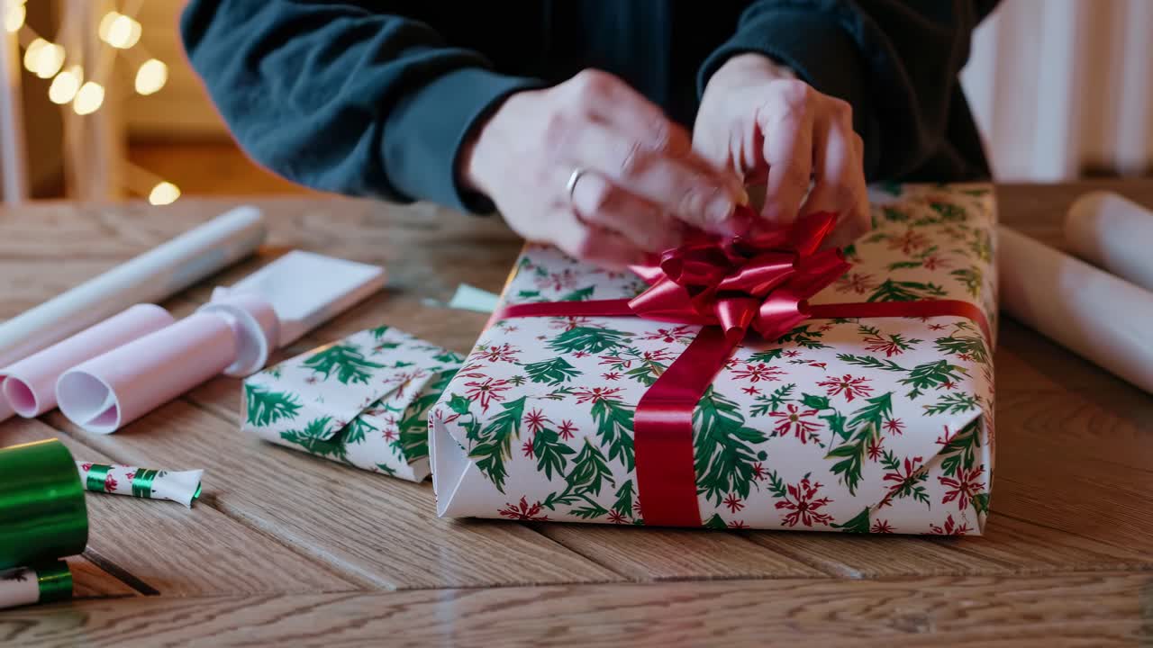 Close-up video angle of hands wrapping a gift with festive paper and red ribbon