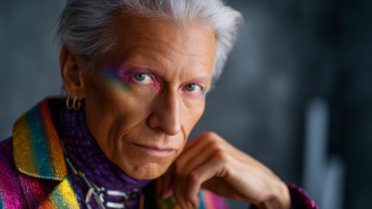 Un ritratto straordinario di una persona con trucco vivace e abbigliamento colorato, che mette in mostra uno stile e una personalità unici in un ambiente visivamente accattivante