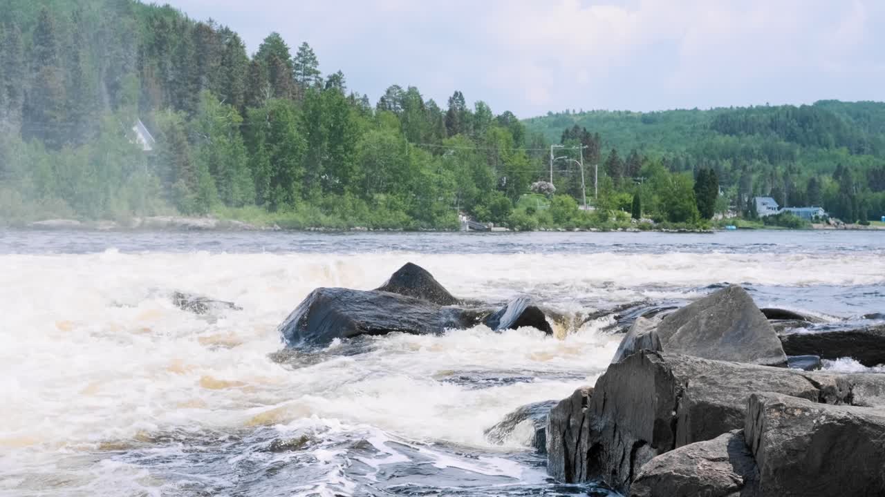 Slow motion shot of river rapids in a forest setting