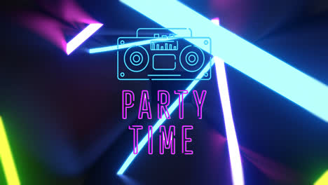 animation of party time, radio and neon shapes on black background