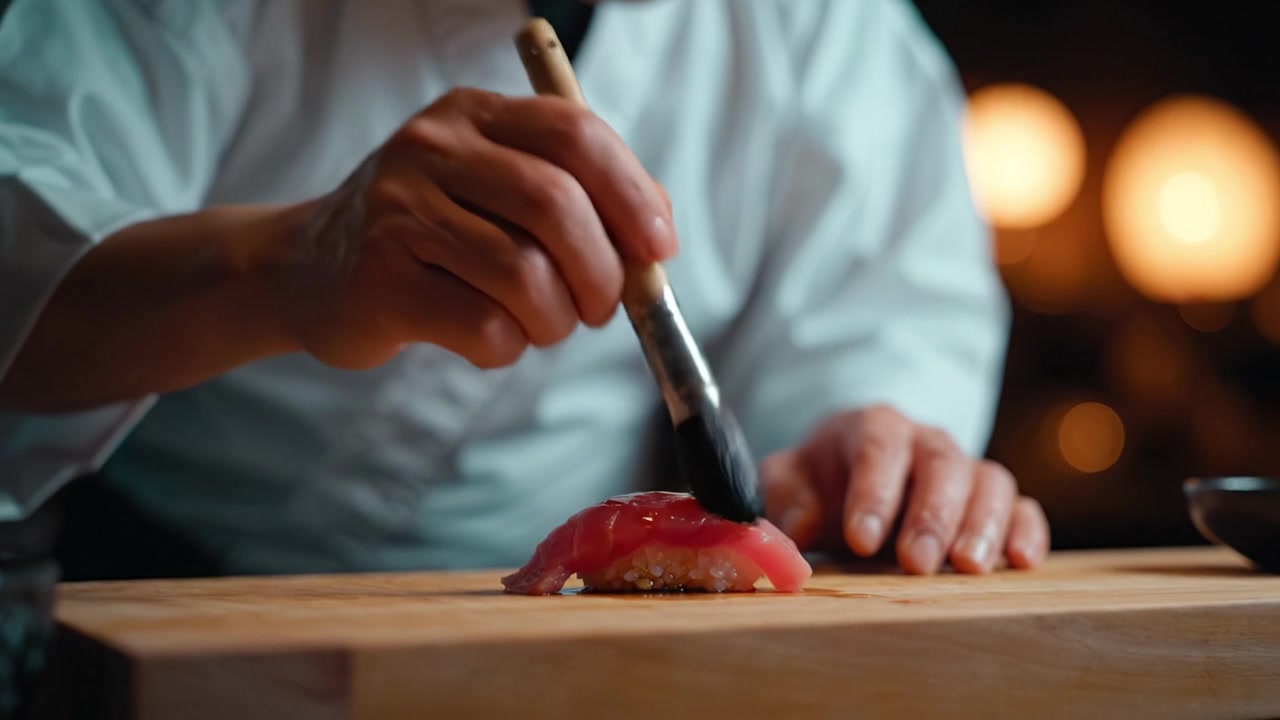 A Skilled Chef Delicately Preparing Sushi with Precision and Care, Showcasing Mastery in Culinary Techniques with Fresh Ingredients and Artful Presentation