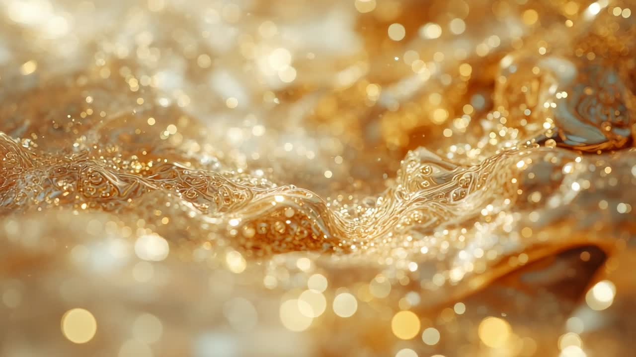Undulating shimmering golden liquid surface in close-up, with bubbles and drifting bokeh highlights