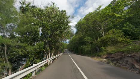 driving on amazing road between forest and lush vegetation, rocks and trees on both road sides, mahe seychelles