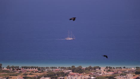 view of traditional sail boat with mast off in distance in the mediterranean sea off rhodes with birds flying past