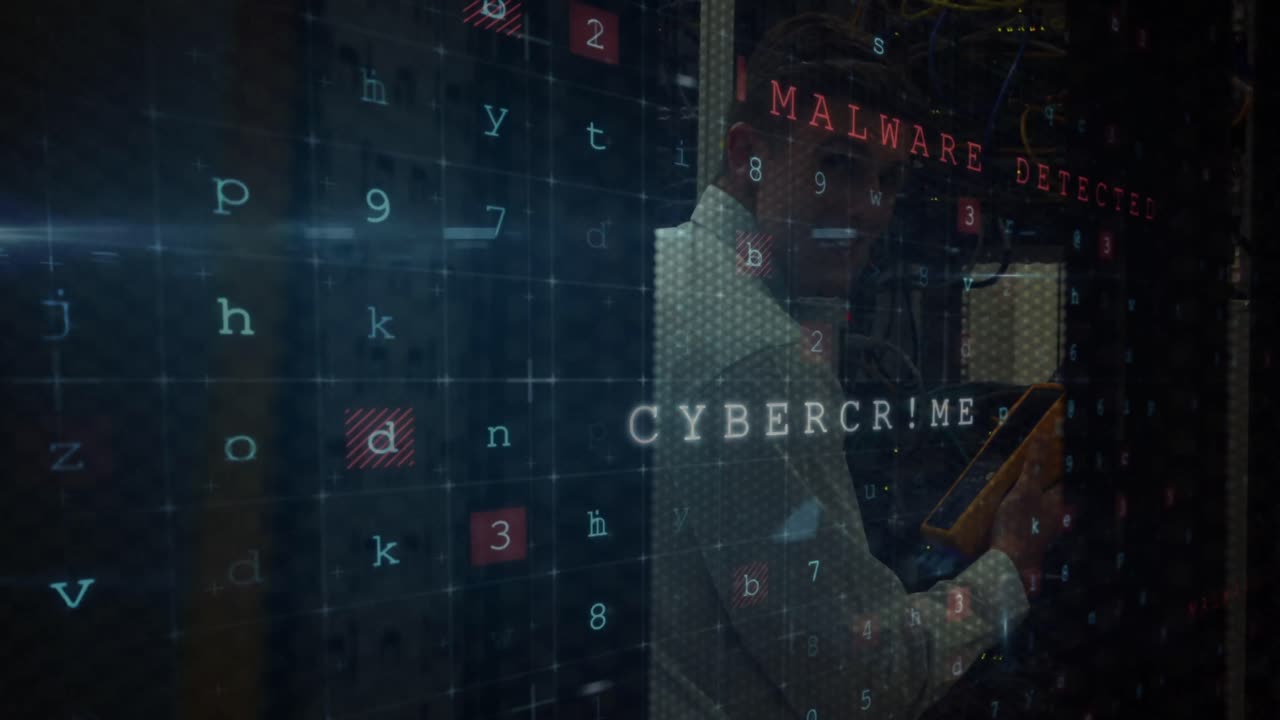 animación del procesamiento de datos sobre un empresario caucásico en la sala de servidores