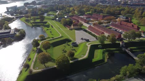 Breathtaking-panoramic-view-of-the-impregnable-Kastellet-fortress-where-its-barracks-can-be-seen-on-a-sunny-summer-day-in-the-Nordic-country-of-Denmark