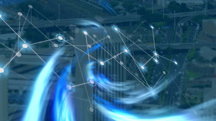 Animation of shapes moving over cityscape