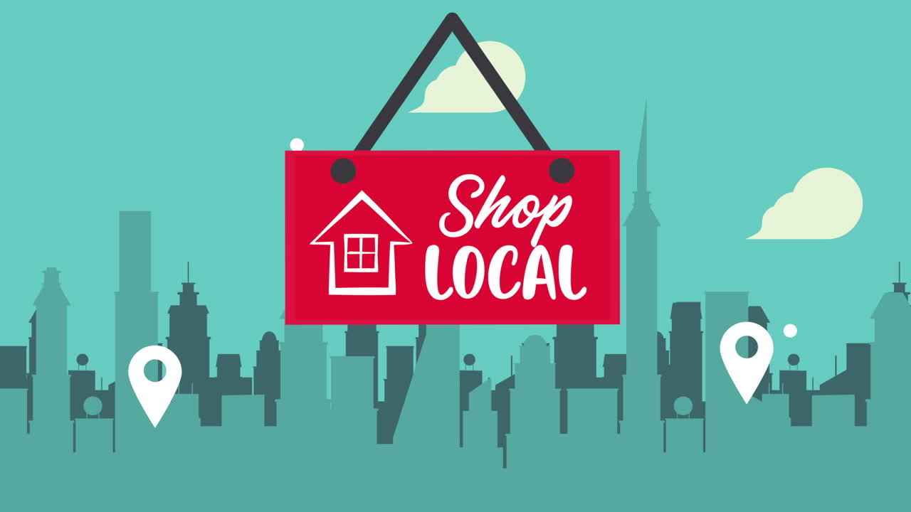 도시 풍경과 함께 붙여진 라벨에 지역 비즈니스 글자를 붙이는 상점