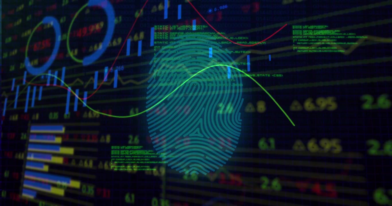 Green fingerprint fading in starting trading dashboard animating charts, code overlay for security