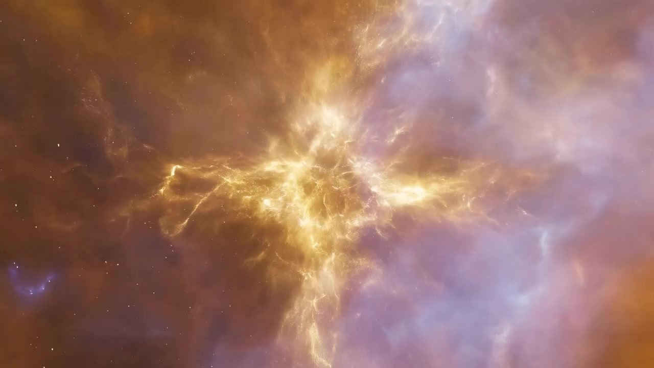 Forward motion moves through dense golden light and drifting particles before brightness recedes, exposing branching luminous forms against dark blue, violet, and amber clouds.