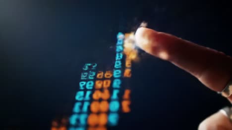 digital interaction: a close-up view of a finger touching a vibrant display of numbers and data representations in a high-tech interface