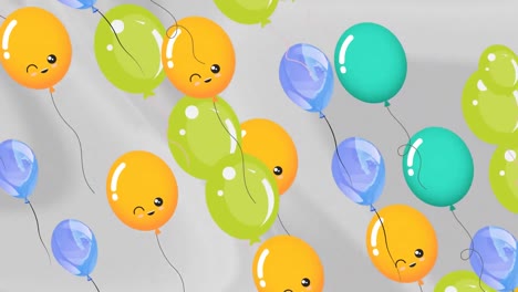 Animation-Von-Bunten-Luftballons,-Die-über-Grauen-Hintergrund-Fliegen