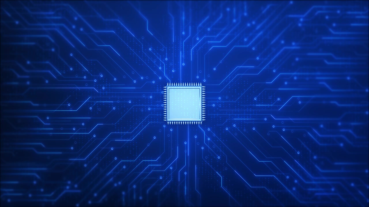 Blue microchip circuit background glowing processor core connected electronic traces deep digital