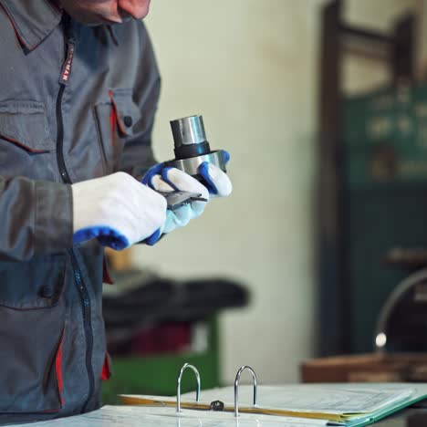 factory worker measuring detail