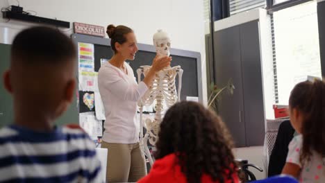vista frontal de una maestra caucásica explicando el modelo de esqueleto humano en el aula 4k