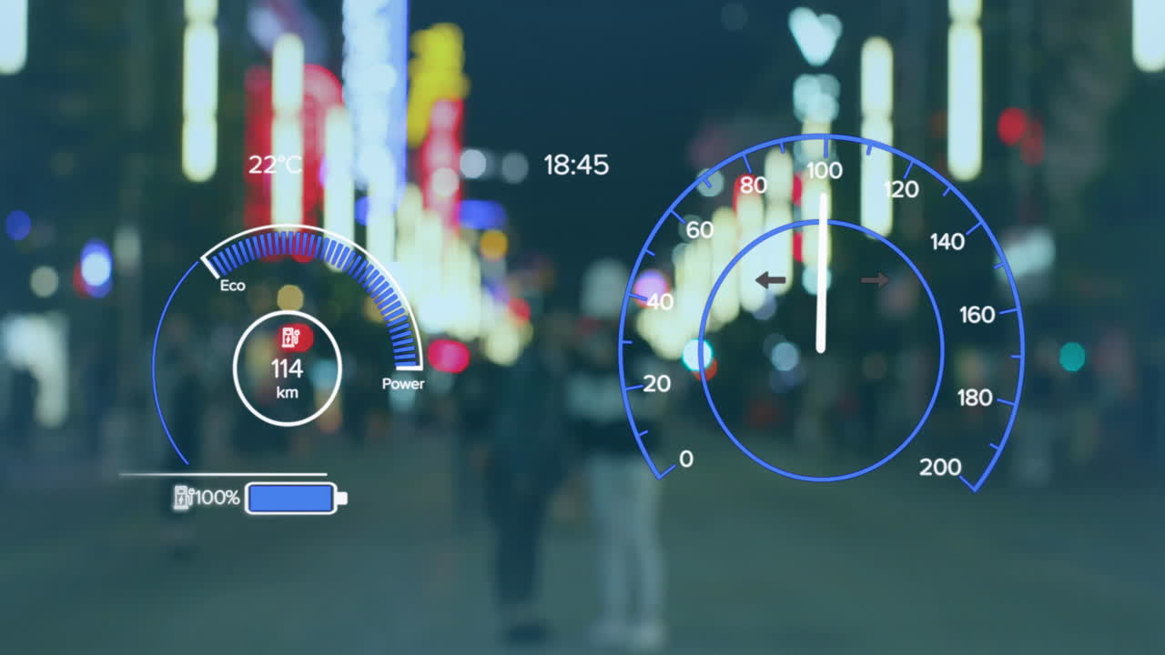 도시의 거리에서  ⁇ 는 흐릿한 사람들 위에 스피도미터의 애니메이션