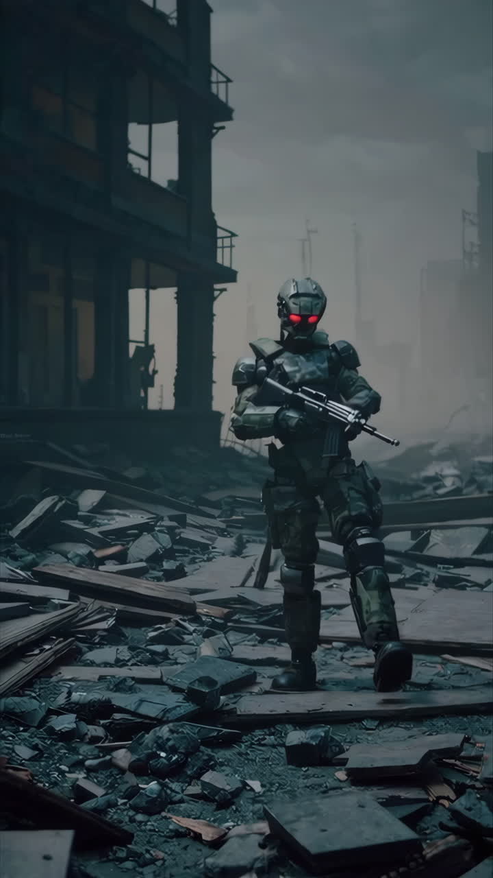 Futuristic Soldier in a Post-Apocalyptic City