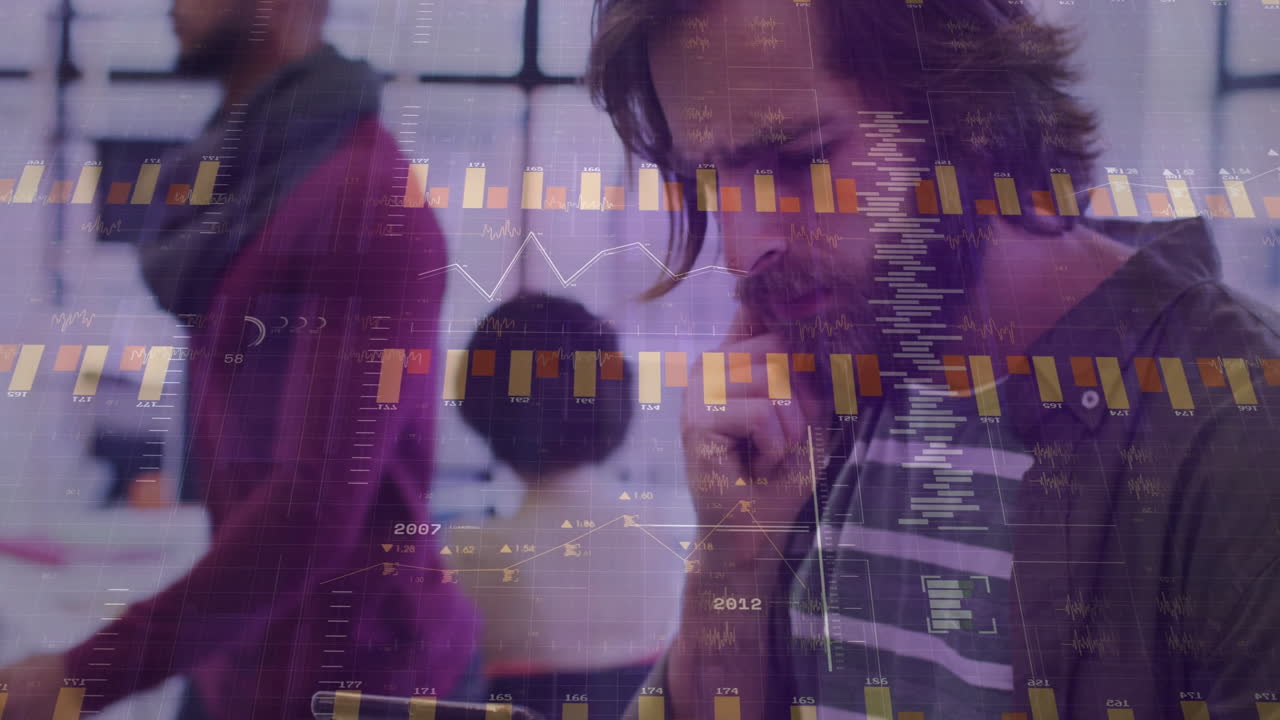 Analyzing financial data, business professionals using charts and animation in office