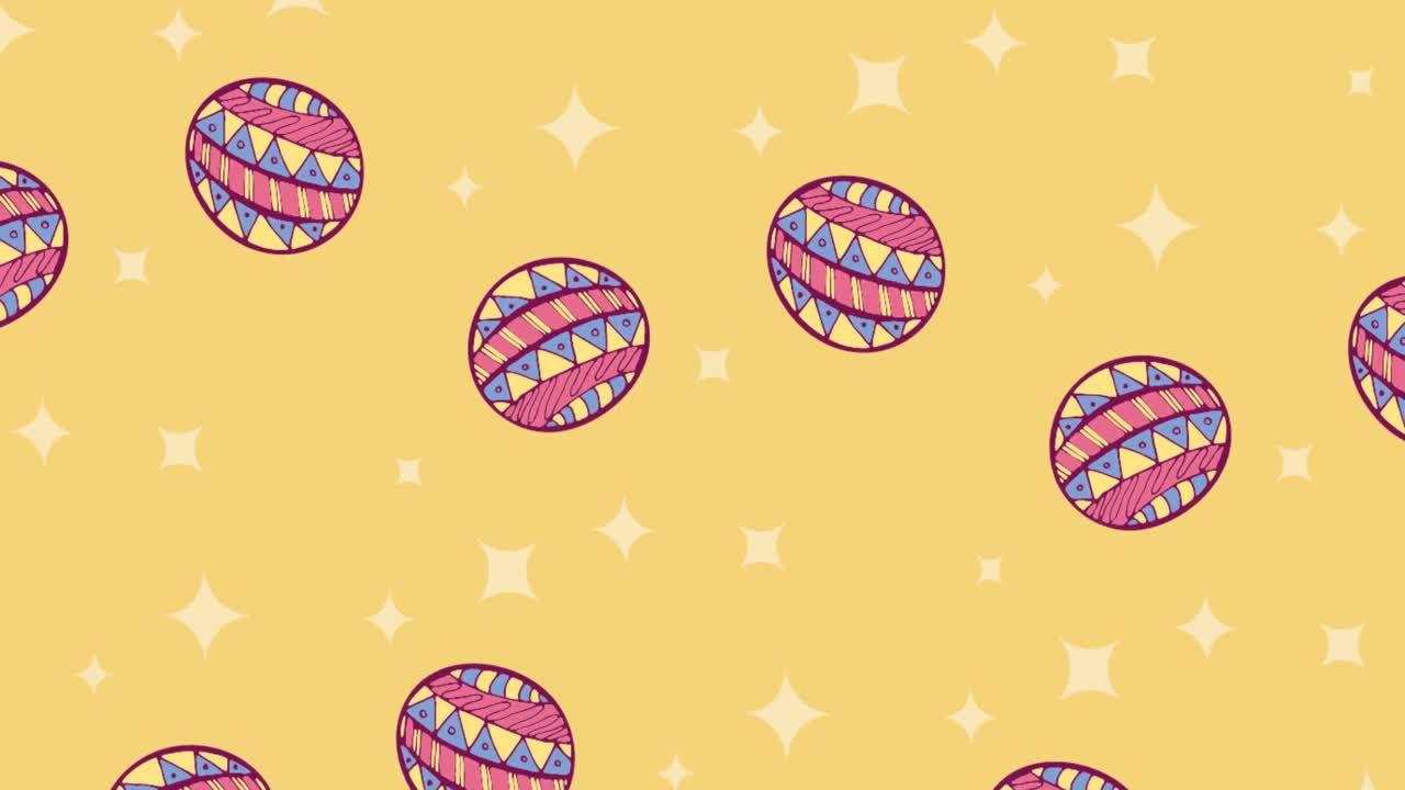 Animation of multiple decorated easter eggs and stars on yellow background