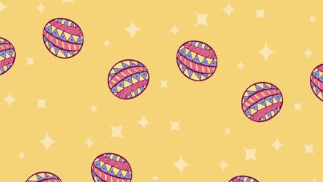 Animación-De-Múltiples-Huevos-De-Pascua-Decorados-Y-Estrellas-Sobre-Fondo-Amarillo