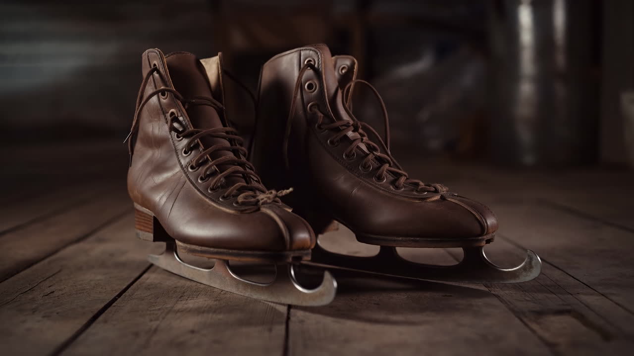 Pattini da ghiaccio vintage in pelle marrone su pavimento in legno rustico