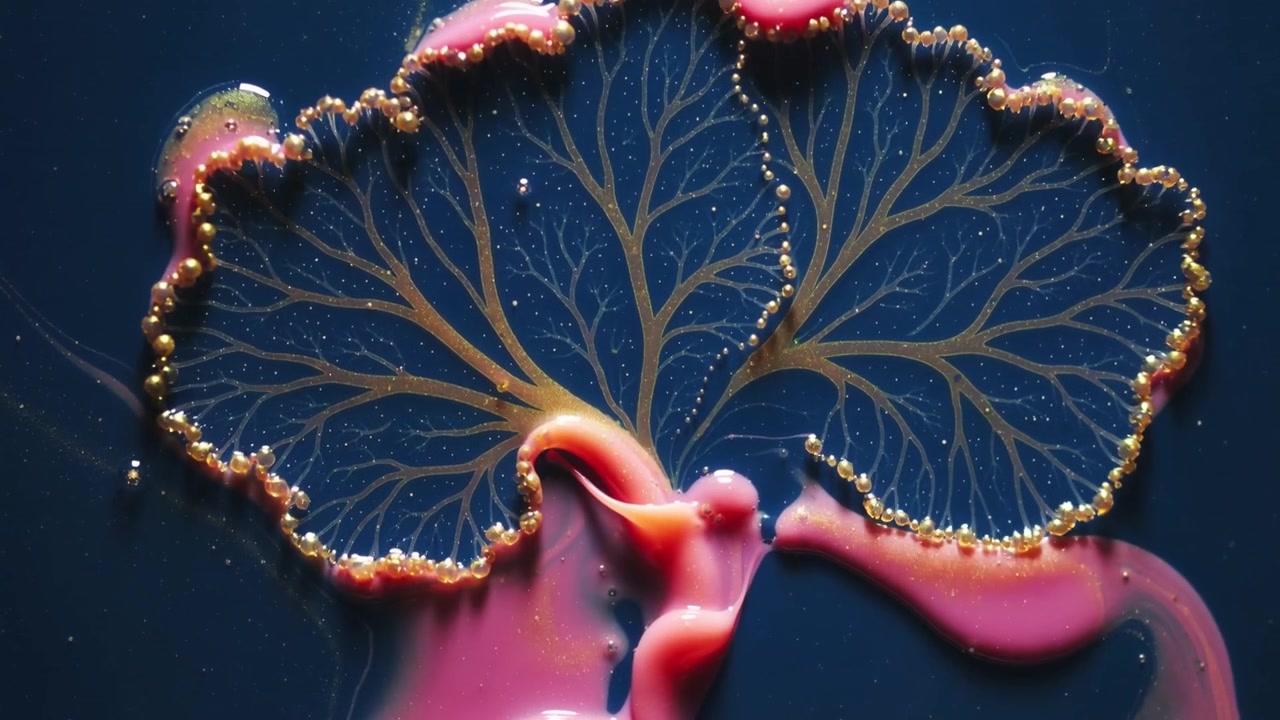 Starting pink or orange blob forming two lobes on glossy dark table, growing gold filaments and bead