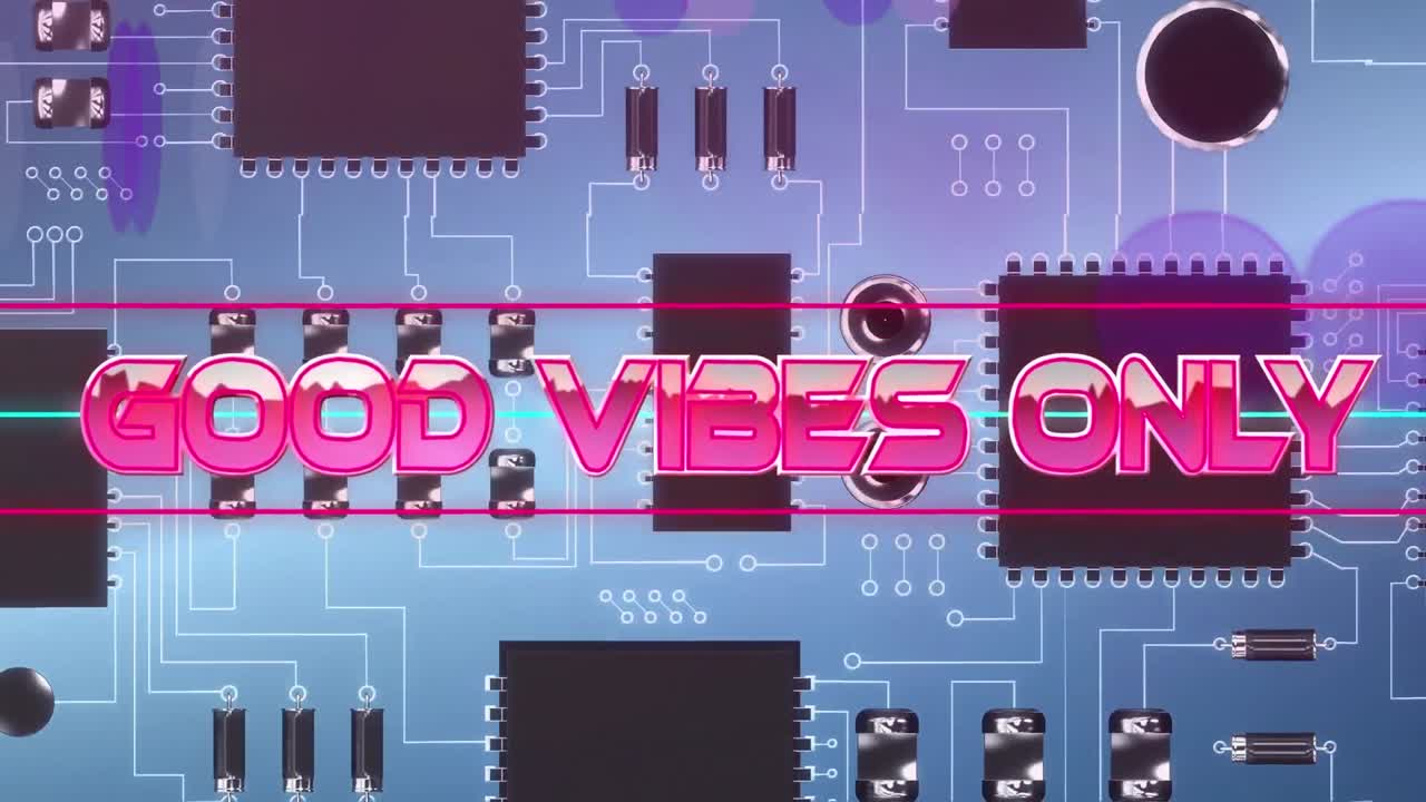 Animation of pink metallic text good vibes only, over neon lines, on grey computer motherboard