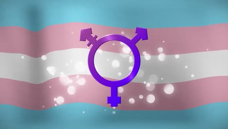 animación de un símbolo no binario y puntos sobre una bandera a rayas