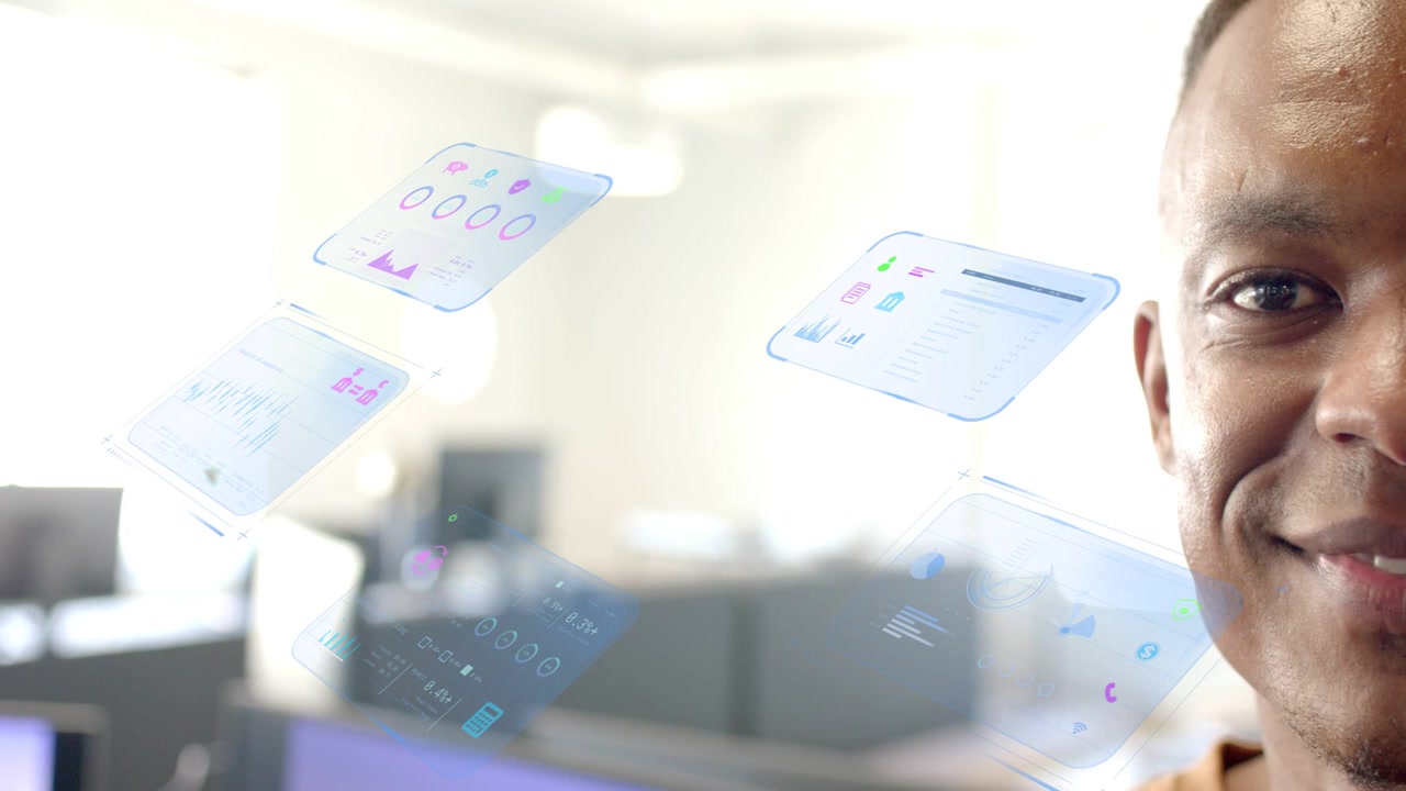 Vertical video: Professional opening eye and smiling as floating business UI panels appearing