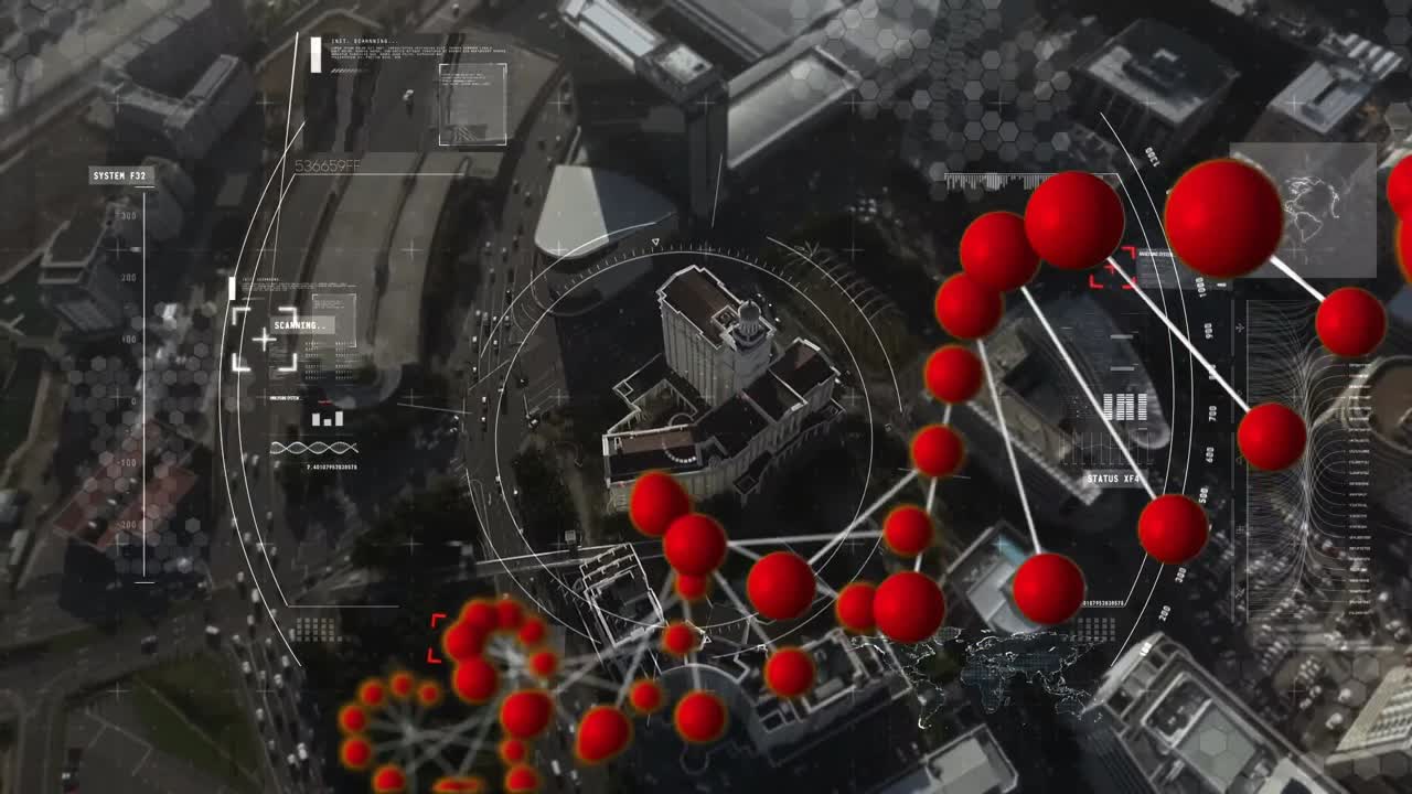 animazione del filo di dna e scansione della portata sul paesaggio urbano