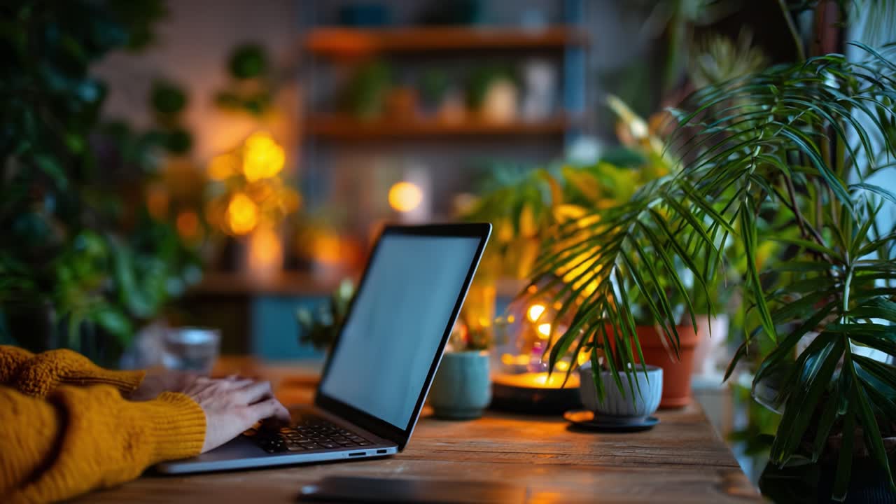 A Cozy Evening Setting with a Person Typing on a Laptop Surrounded by Lush Greenery, Warm Lighting, and Serene Atmosphere to Inspire Productivity and Creativity