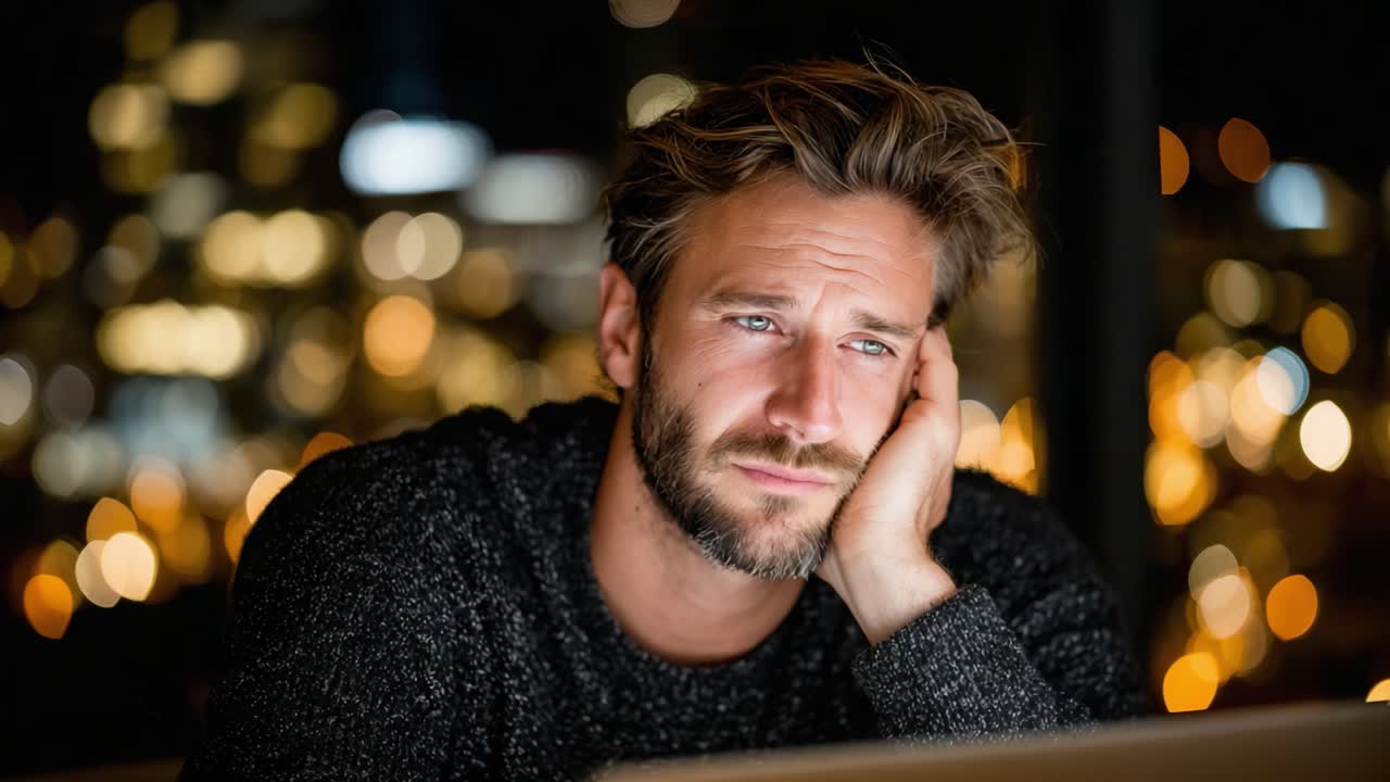 A Thoughtful Individual Gazes Pensively at a Laptop Screen, Pondering Life Decisions Amidst a Softly Lit Urban Background with Blurred City Lights