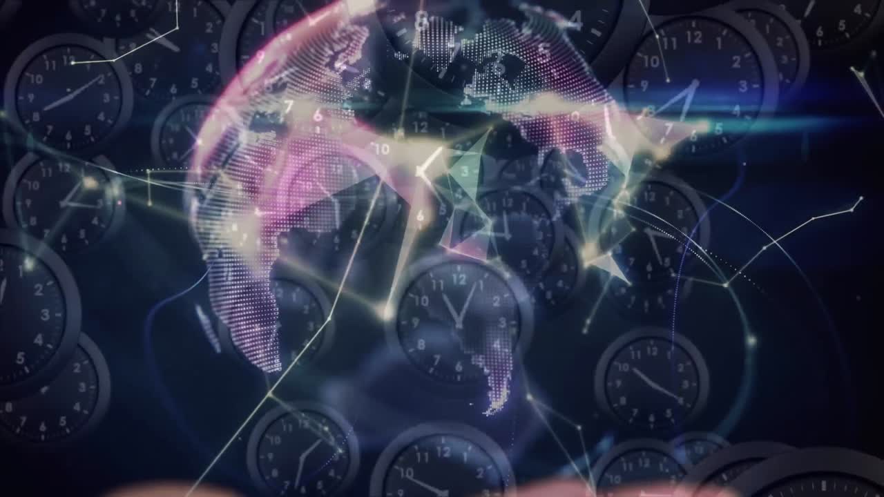 연결 네트워크의 애니메이션과 손 위의 지구와 여러 시계가 빠르게 움직입니다.