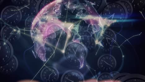 animación de redes de conexiones y globo sobre la mano y múltiples relojes moviéndose rápidamente